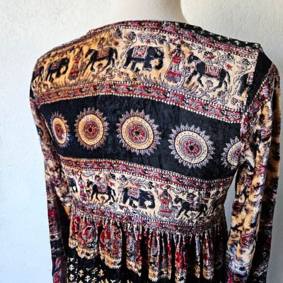 Vintage 70s 80s Velour Bohemian Elephant Stripe Paisley Hippie Maxi Dress India - Picture 8 of 10